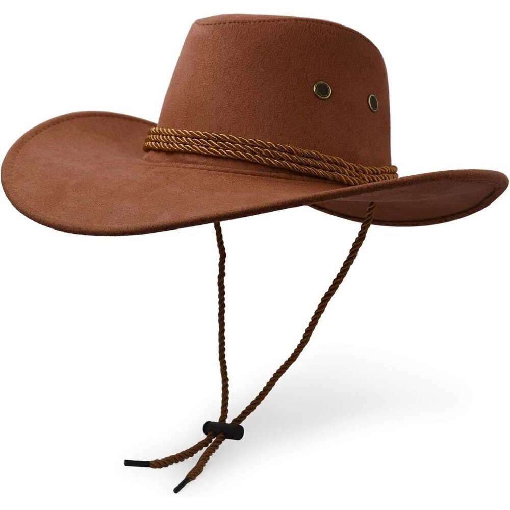 Unisex Brown Faux Wide Brim with Braided Band Chin Strap Classic Cowboy Felt Hat
